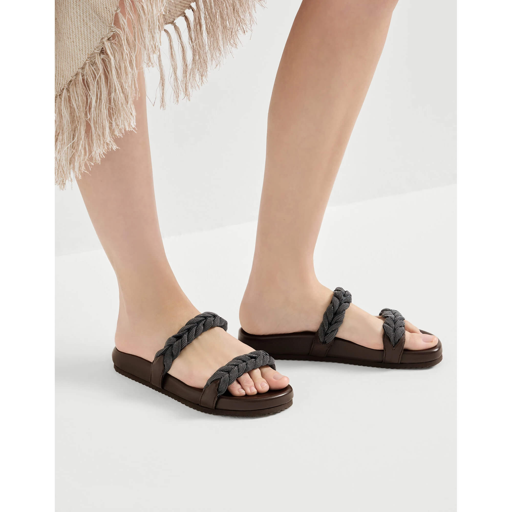 Brunello Cucinelli Leather Sandals With Precious Braided Straps
