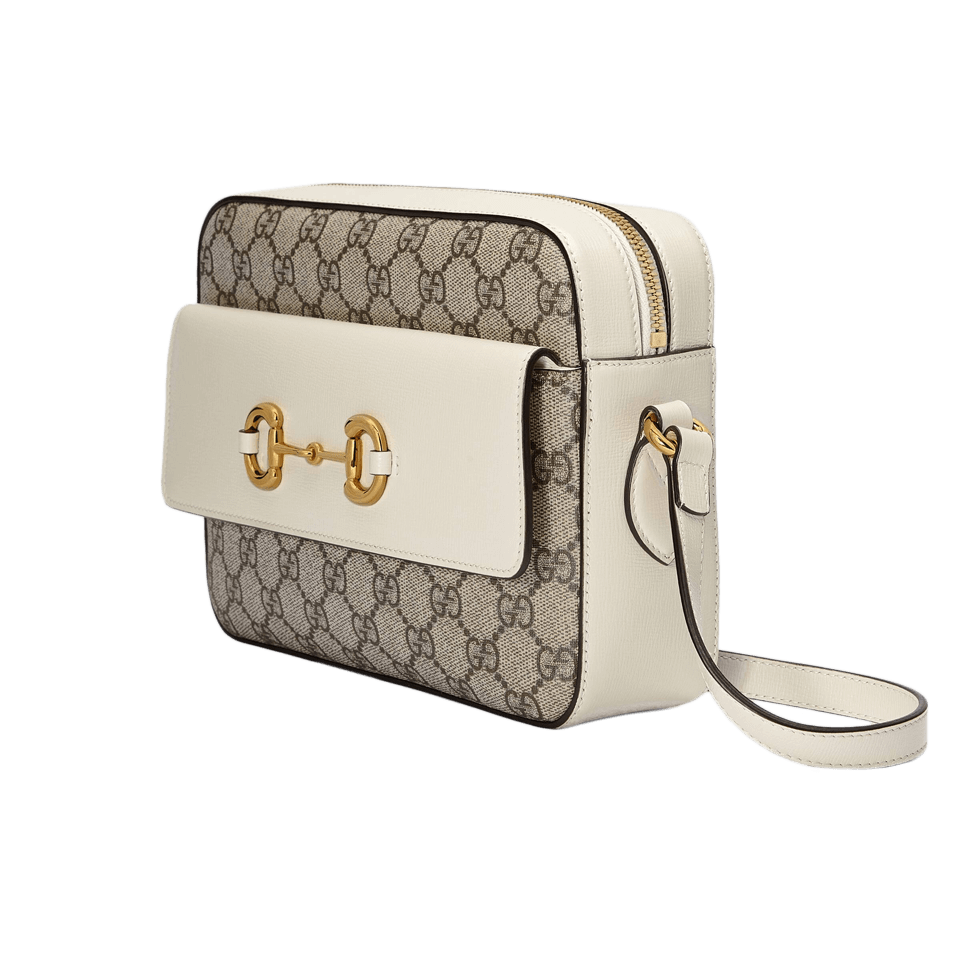 GUCCI 1955 Horsebit Small Shoulder Bag in White Leather with GG