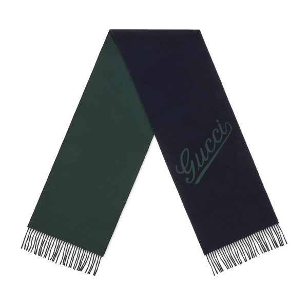 Gucci Wool Cashmere Scarf With GUCCI Script at Enigma Boutique